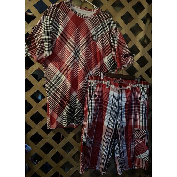 COOGI Red Plaid Shirt XXL & Cargo Shorts set Skater Hip Hop Urban 90's Men's 36 - Picture 1 of 10